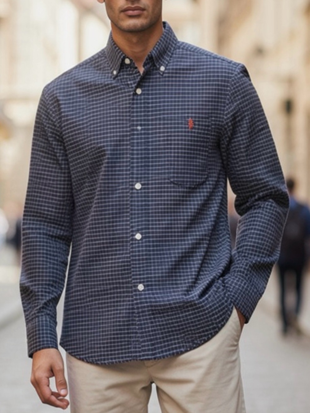 U.S. Polo Assn Navy Checked Button-Down Shirt with Embroidered Logo cotton blend